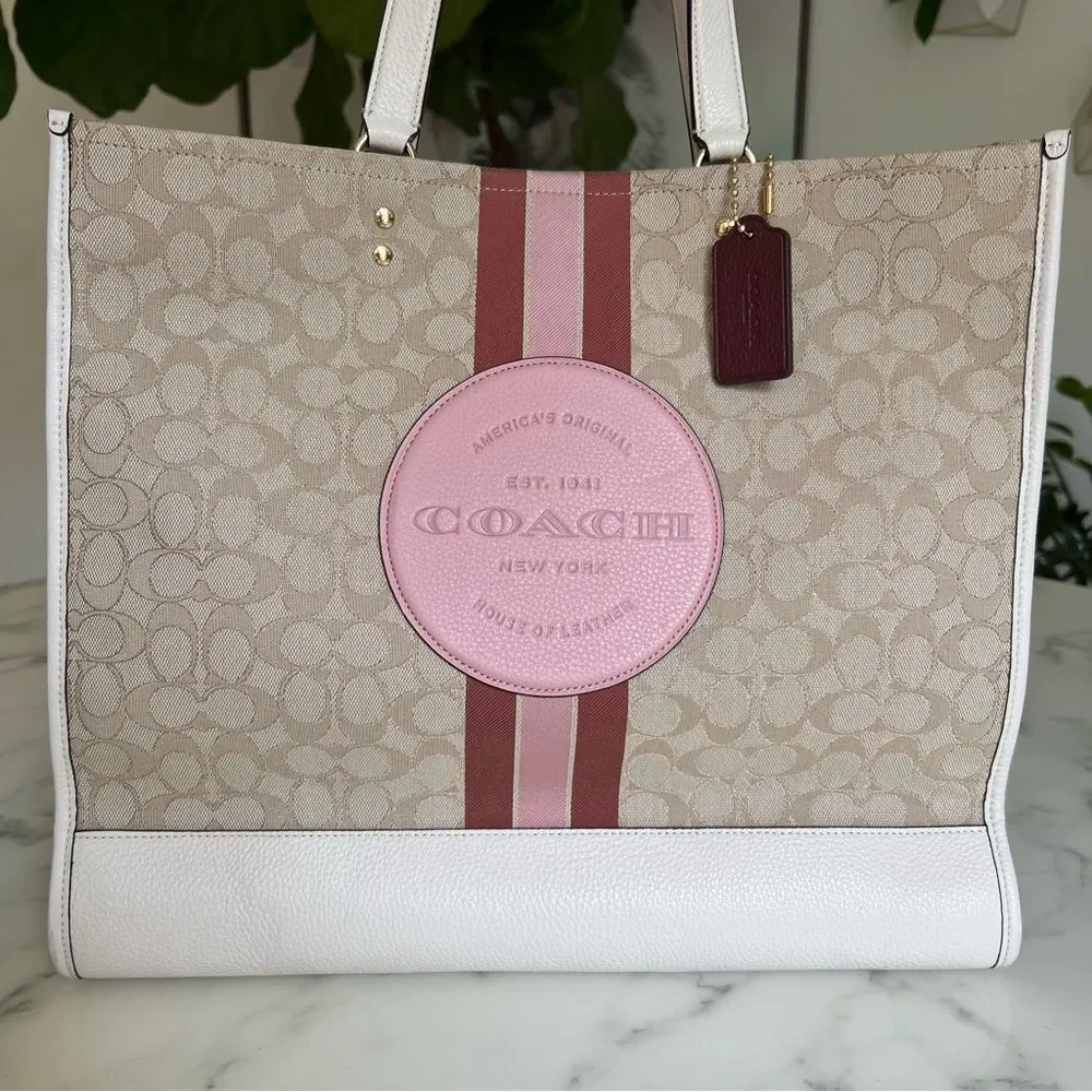 Dempsey Tote Bag 40 In Signature Jacquard Stripe & Coach Patch C1548 Khaki Pink - Picture 2 of 16
